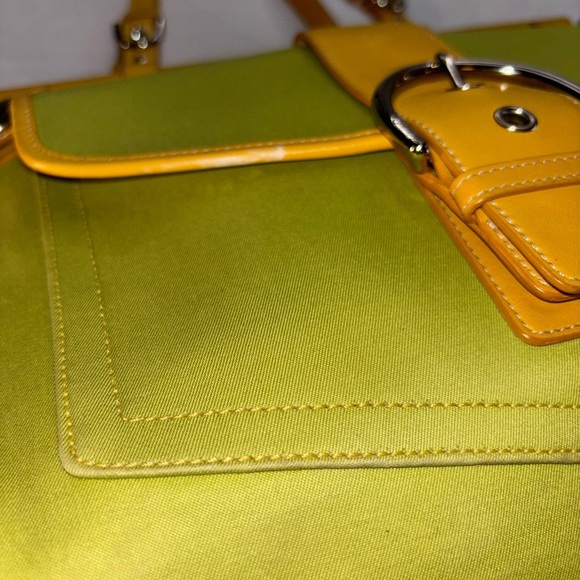 Coach Green Canvas & Yellow Leather Trim Carryall Hampton Tote - Picture 6 of 16